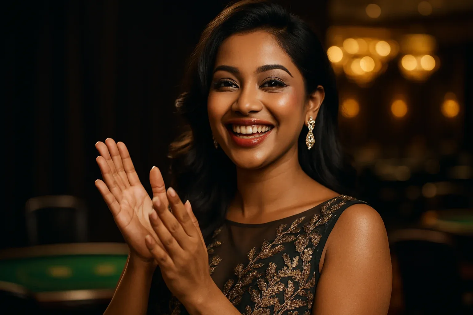 Photorealistic Bangladeshi woman in evening dress clapping in VIP casino