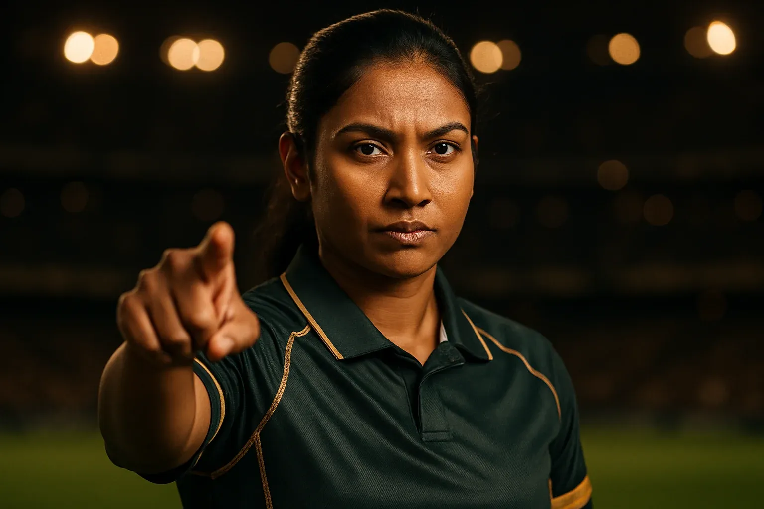 Confident Bangladeshi woman in team colors pointing forward in stadium lights