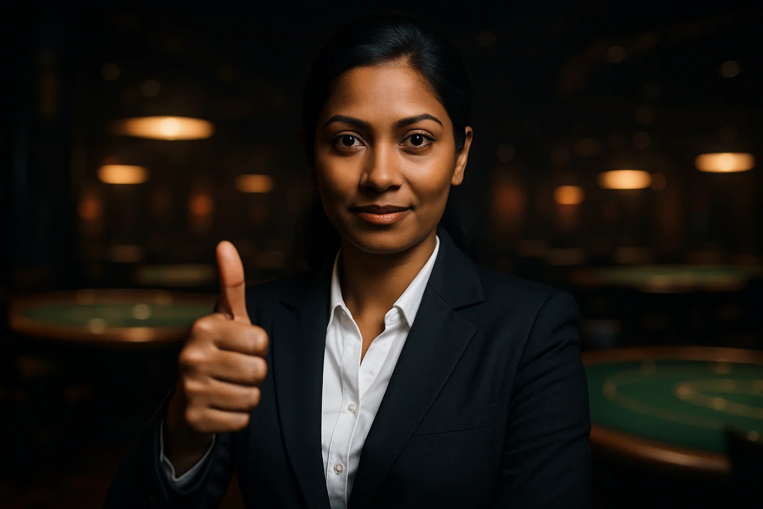 Confident Bangladeshi businesswoman giving thumbs up with blurred casino poker tables