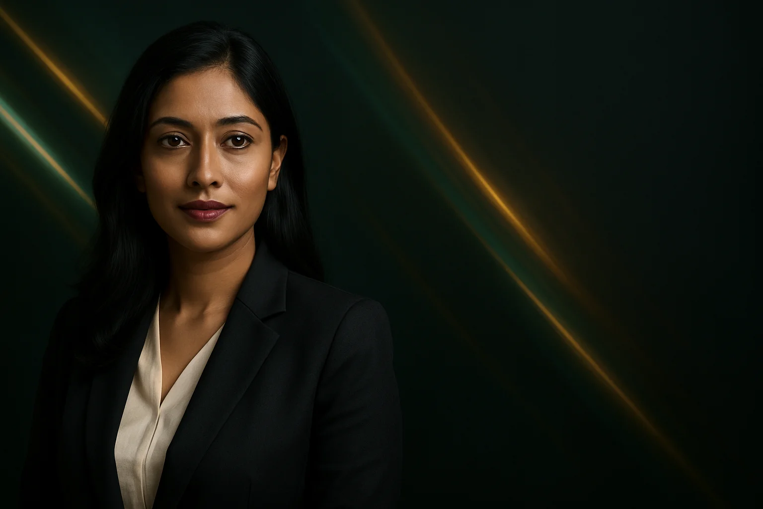 High-resolution portrait of elegant Bangladeshi businesswoman on green and gold background