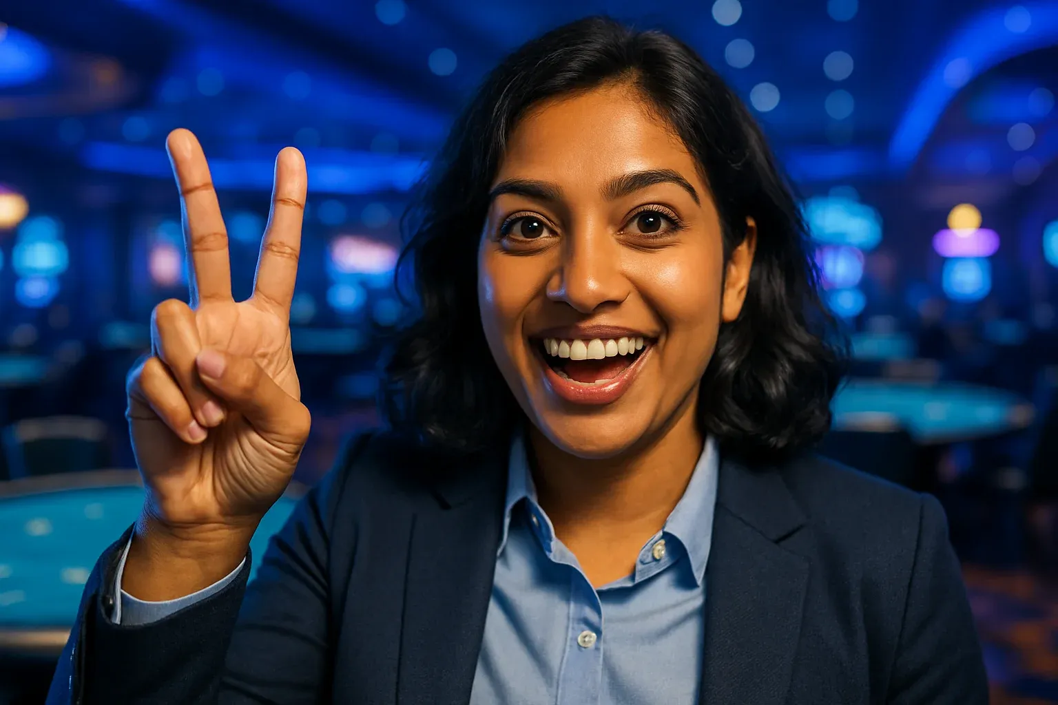Excited Bangladeshi woman making V-sign, blurred casino poker tables background