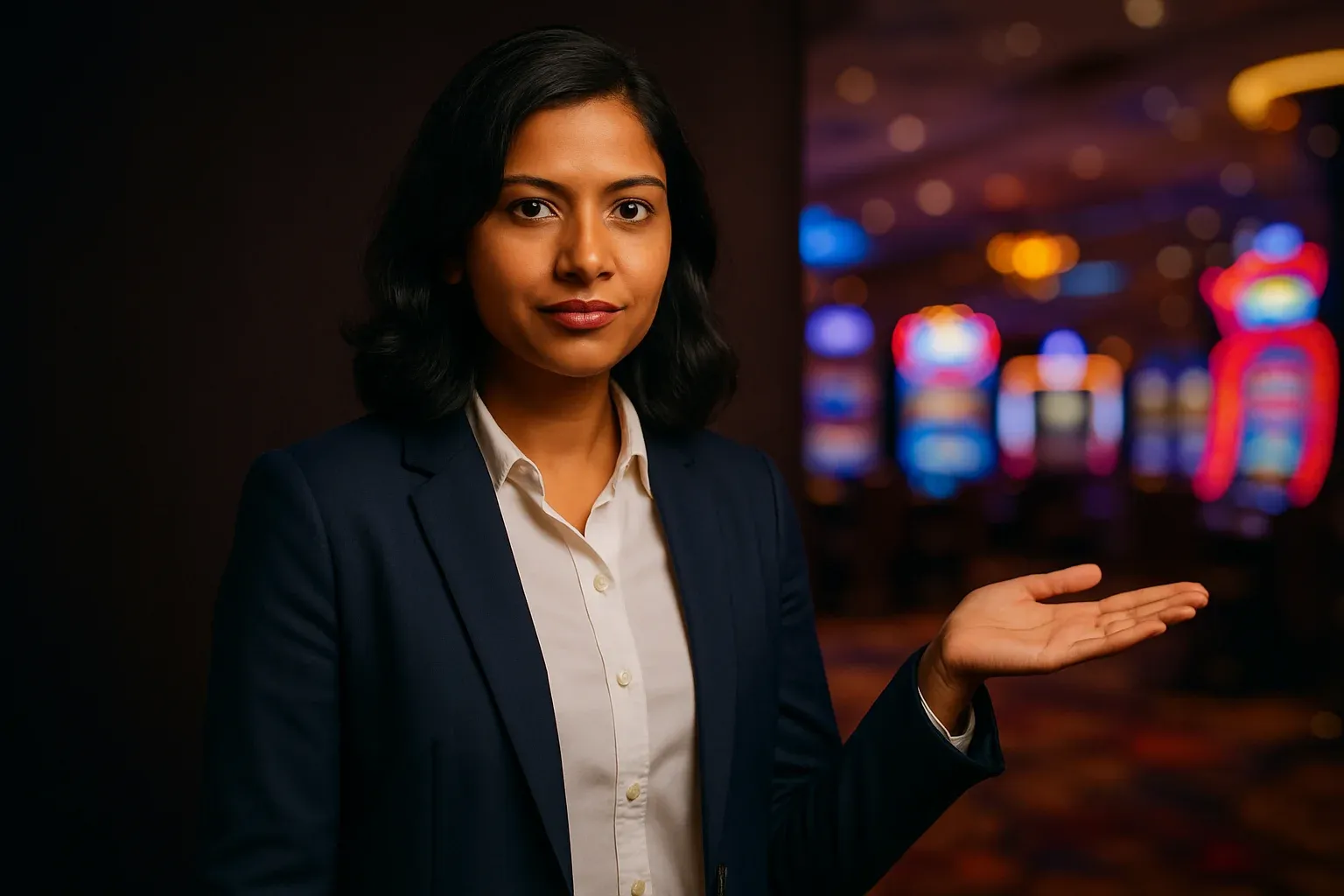 Confident Bangladeshi woman gesturing with open palm on blurred casino floor