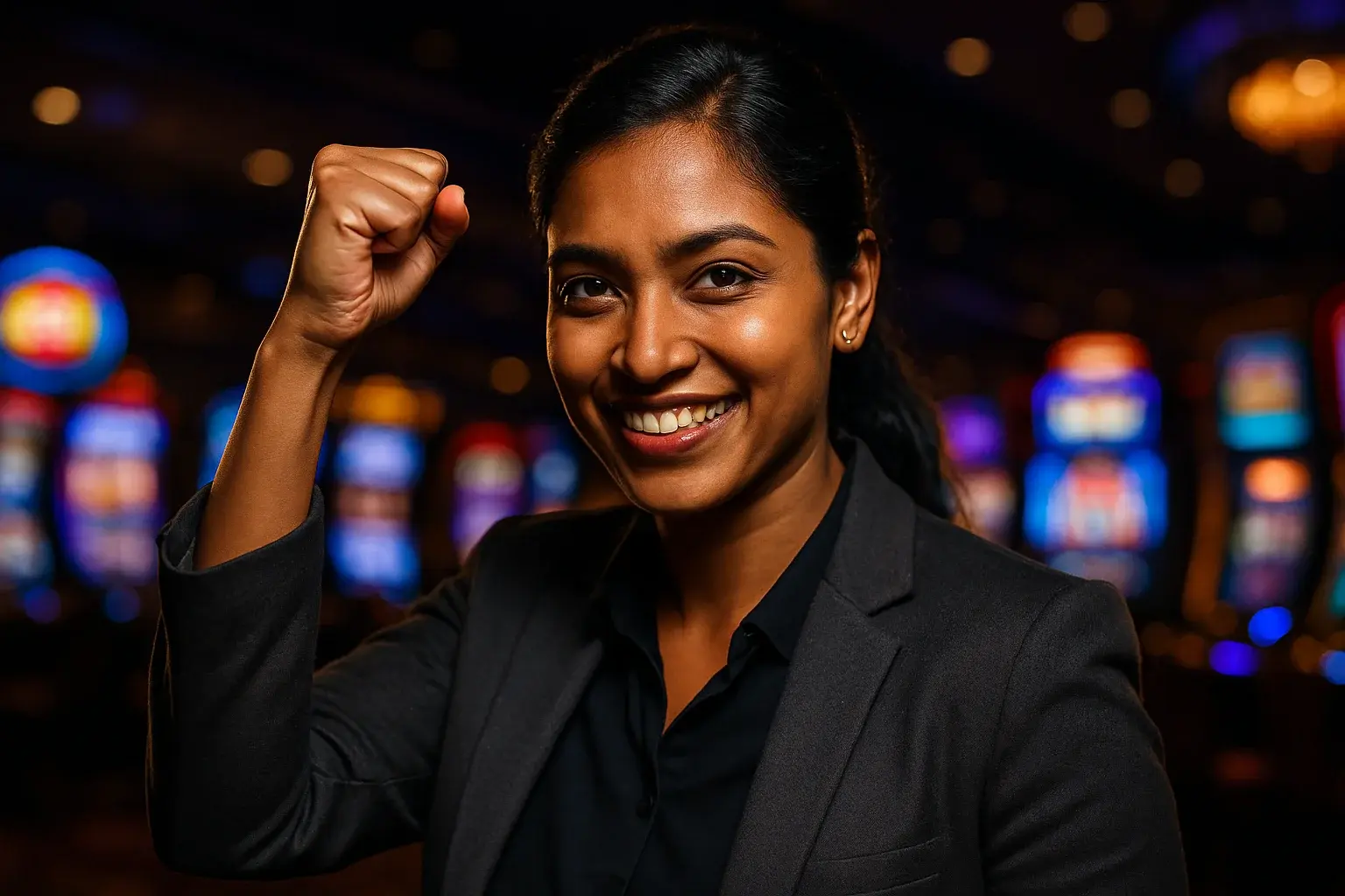 Confident Bangladeshi woman raising fist in triumph on blurred casino floor
